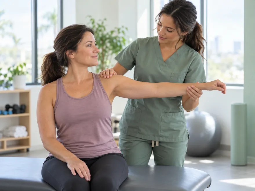 Illustrative scene of a therapist assessing a patient's movement.