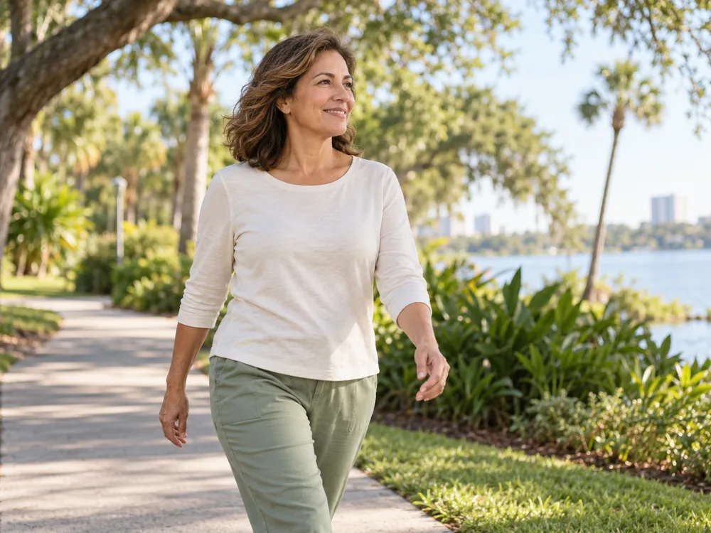Illustrative scene of a woman enjoying a walk outdoors.