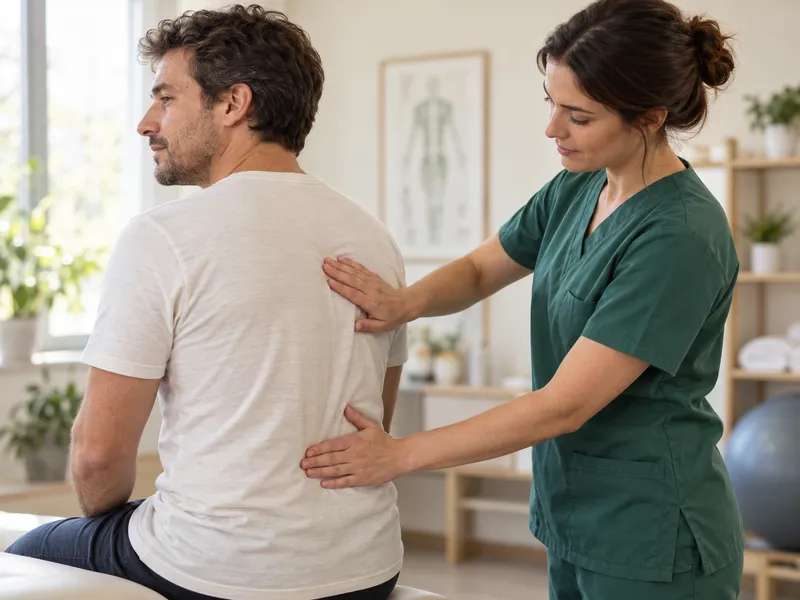 Illustrative scene of a female therapist assessing a male patient's back.